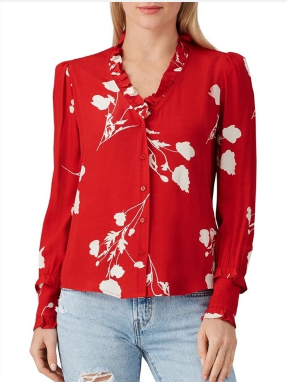 ba&sh Rust Red Floral Button-Front Ruffle Blouse